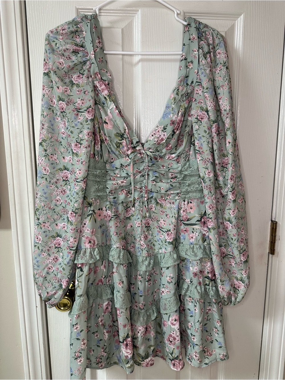 Altar'd State Sage Green Floral Long Sleeve Tiered Dress
